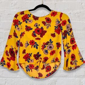 Girls Gold Floral Chiffon Peasant Blouse Y2K Tie Hem 7/8 NWOT